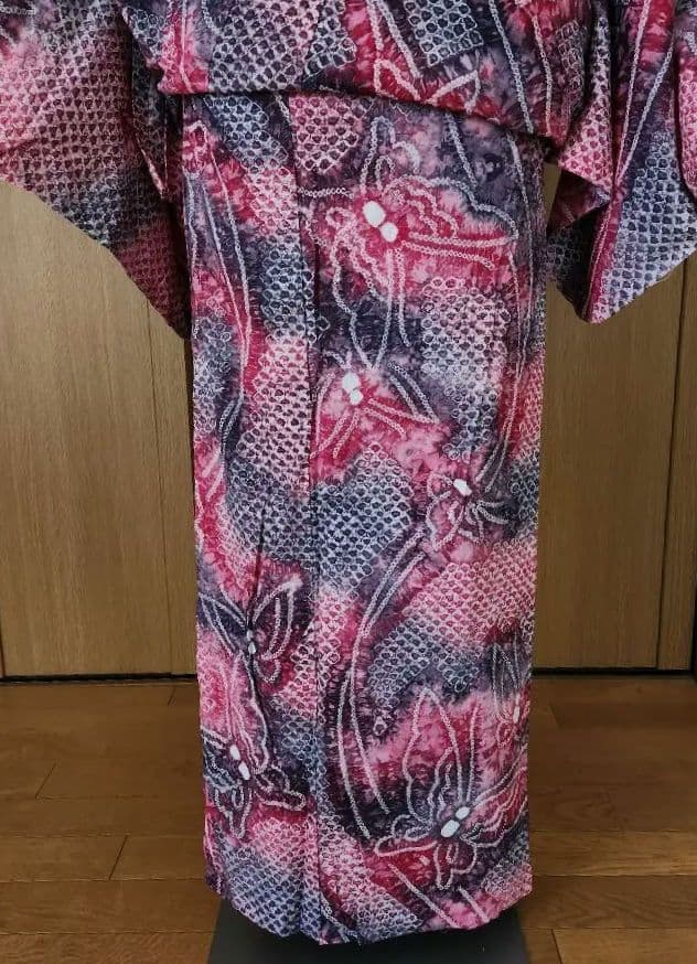 浴衣 綿100% 夏着物 洗える着物 有松絞り風 お出かけ カジュアル 蝶 紫