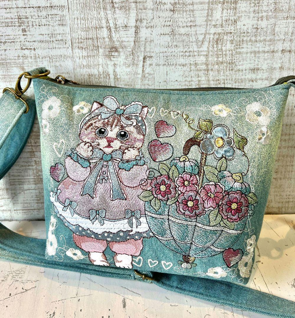 インディゴグラデデニム♡刺繍のショルダーバッグ♡フリルリボン猫ちゃん