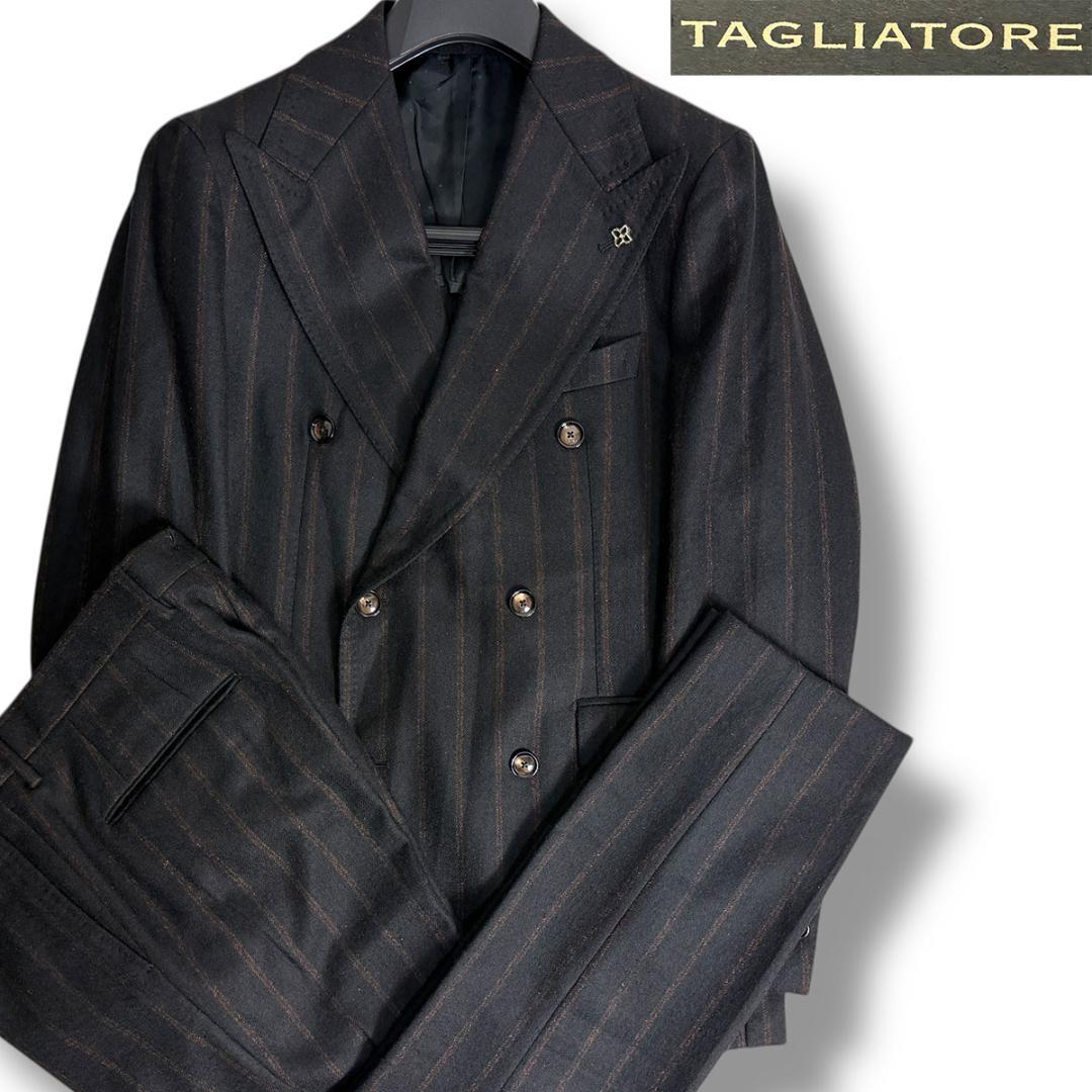 J5110 美品 タリアトーレ ストライプフランネルダブルスーツ 黒×茶 48