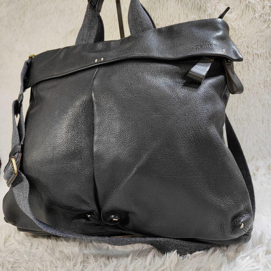 ✨未使用級✨ ゲンテン ショルダーバッグ フラップ シボ革 黒　2way