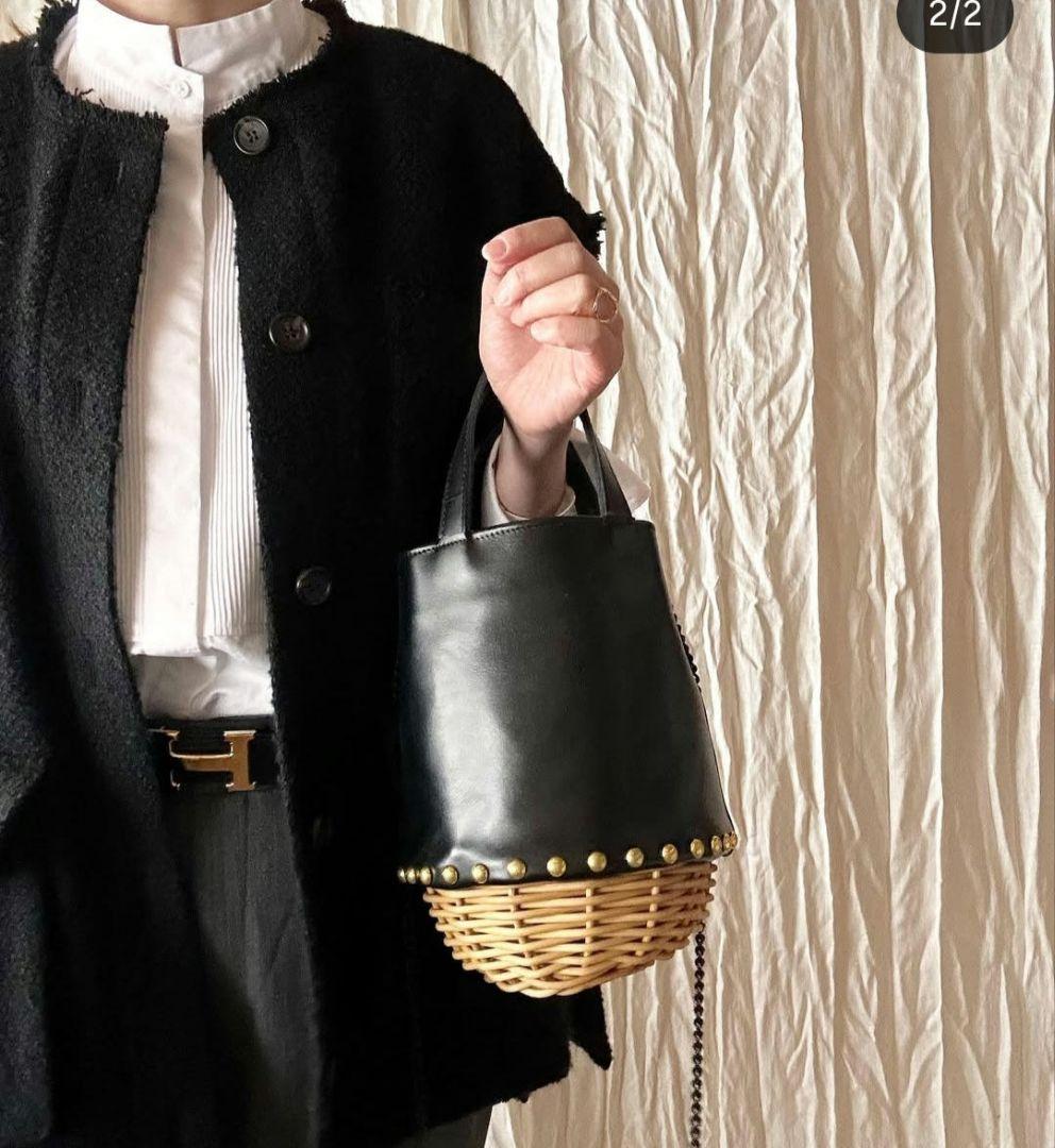 美品 ribbon b レザー 籐 スタッズかごバッグ warang wayan