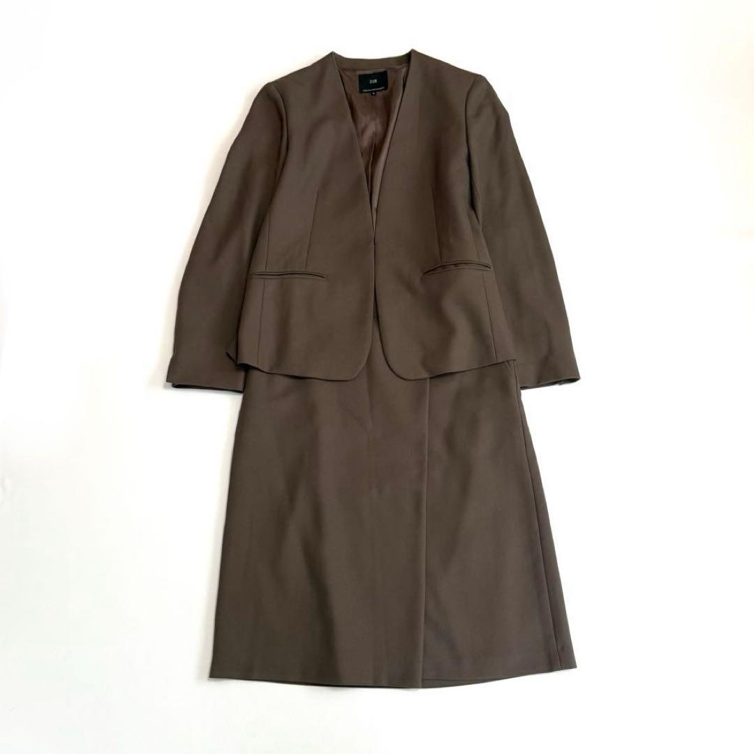 23区　セットアップスーツ　 ノーカラージャケット　ラップ風スカート 　茶色　M