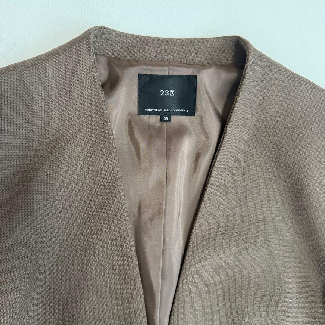 23区　セットアップスーツ　 ノーカラージャケット　ラップ風スカート 　茶色　M