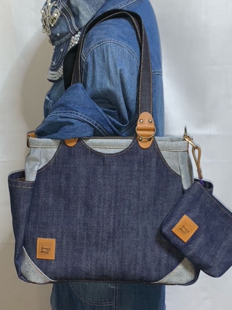 ☆ハンドメイド♪ ＊Mサイズ☆岡山デニム4way♪あおりバッグ☆ポーチ付き