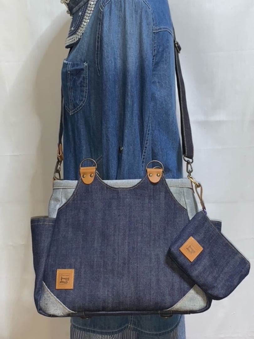 ☆ハンドメイド♪ ＊Mサイズ☆岡山デニム4way♪あおりバッグ☆ポーチ付き