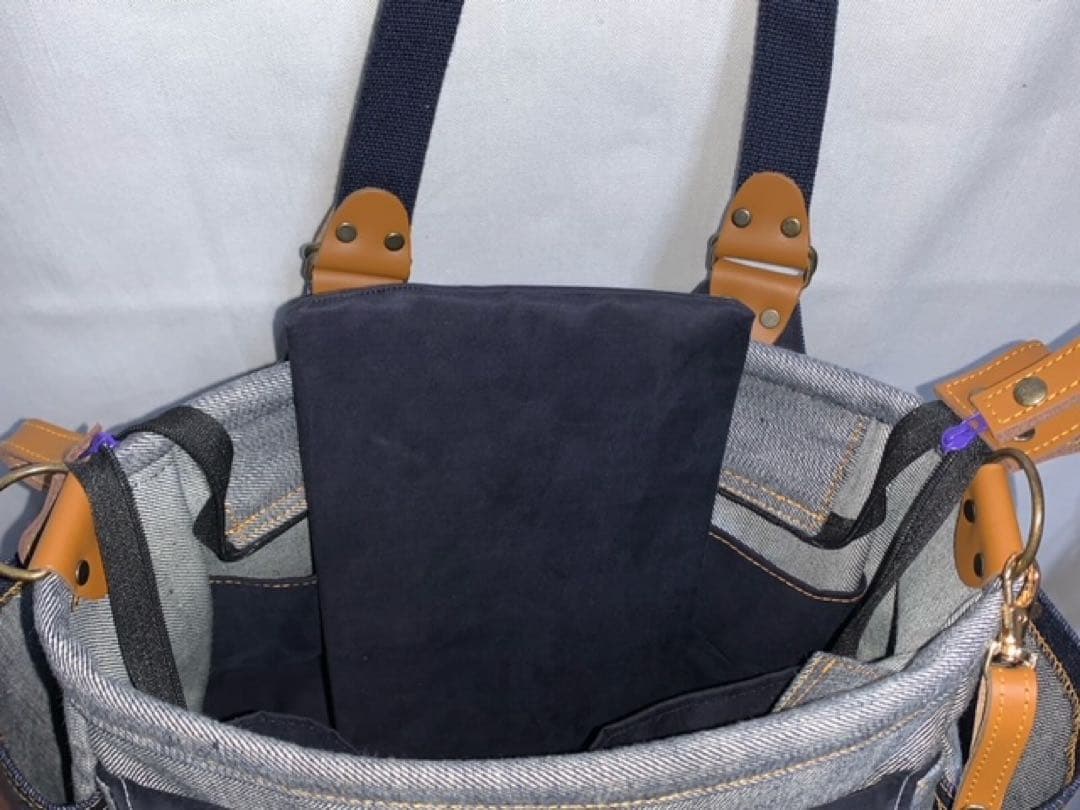 ☆ハンドメイド♪ ＊Mサイズ☆岡山デニム4way♪あおりバッグ☆ポーチ付き