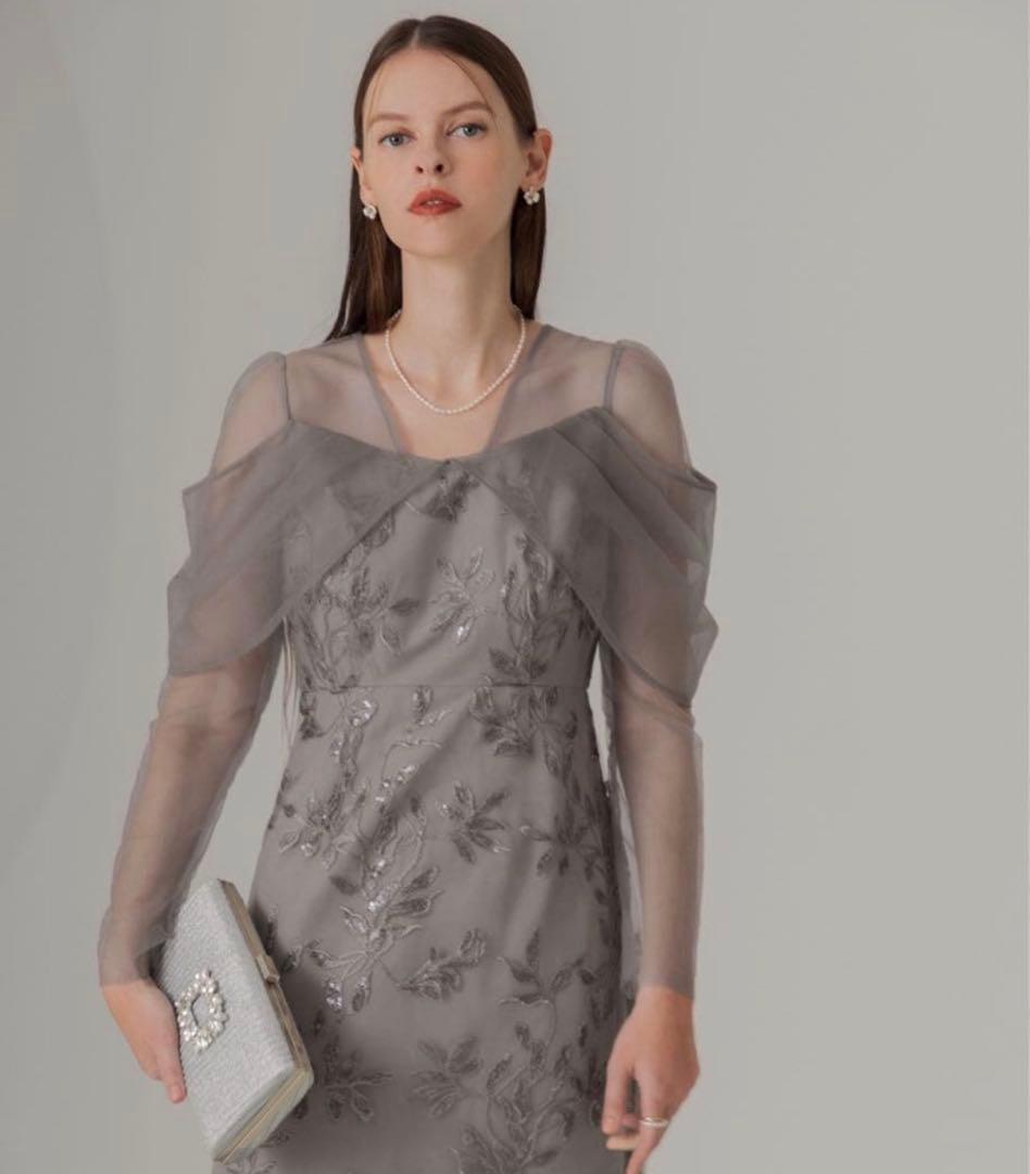 【LEJA】チュールロングスリーブリーフIラインドレスワンピース　グレー　M