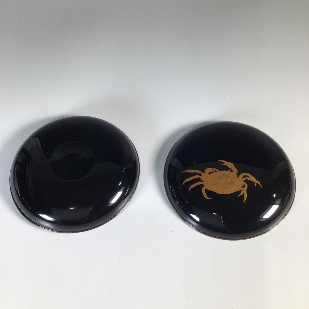 Ｎ４６０　香合　『黒漆塗』『宮田宗景作』『蟹蒔絵』『丸香合』　共箱　茶道具