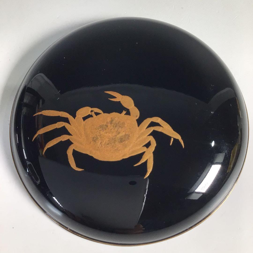 Ｎ４６０　香合　『黒漆塗』『宮田宗景作』『蟹蒔絵』『丸香合』　共箱　茶道具