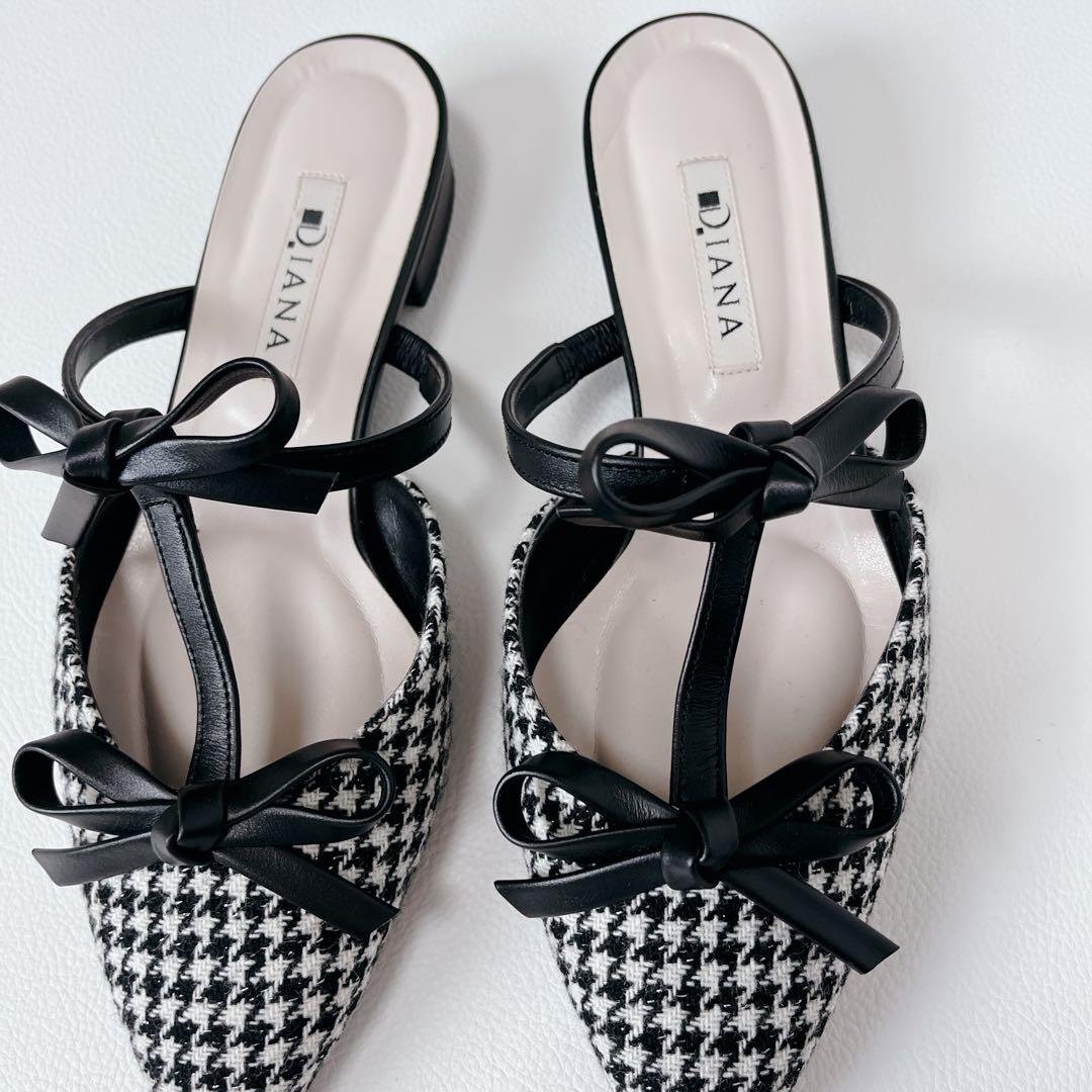 未使用級✨DIANA 千鳥柄　Tストラップ　ミュール プチリボン　ローヒール