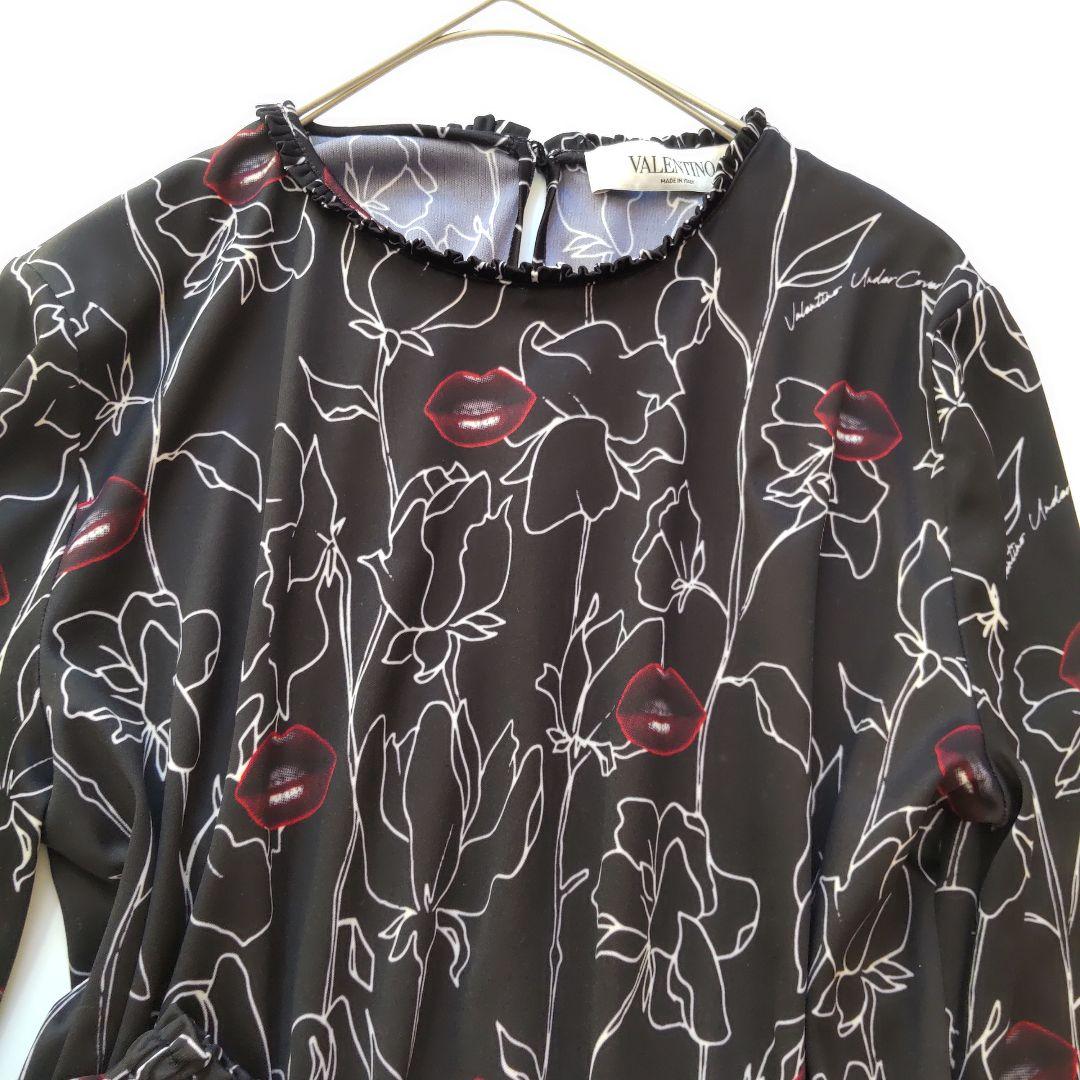 美品 ヴァレンティノ 長袖 花柄 キスマーク柄 レース ロングワンピース 黒