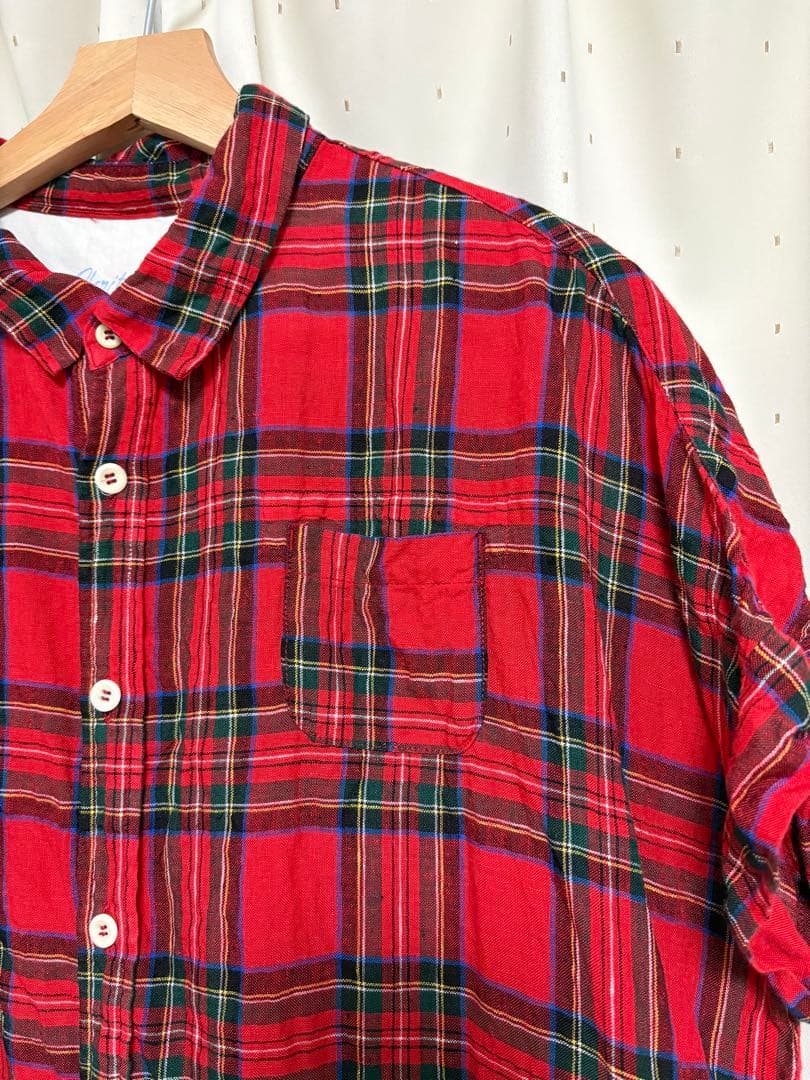 快晴堂 リネンタータンチェックバンドスリーブ半袖シャツ サイズ2 カラー レッド