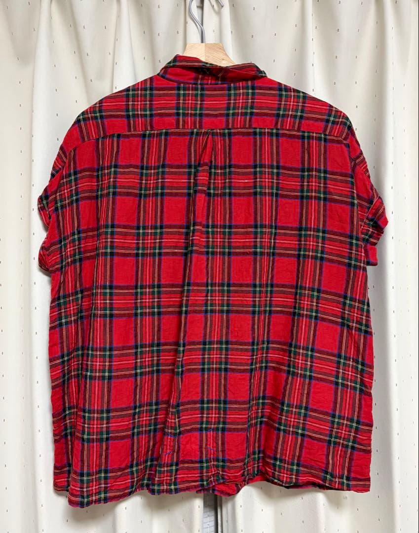 快晴堂 リネンタータンチェックバンドスリーブ半袖シャツ サイズ2 カラー レッド