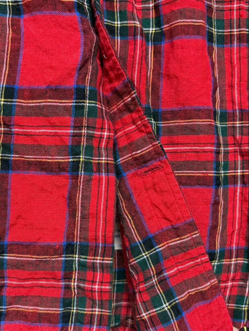 快晴堂 リネンタータンチェックバンドスリーブ半袖シャツ サイズ2 カラー レッド