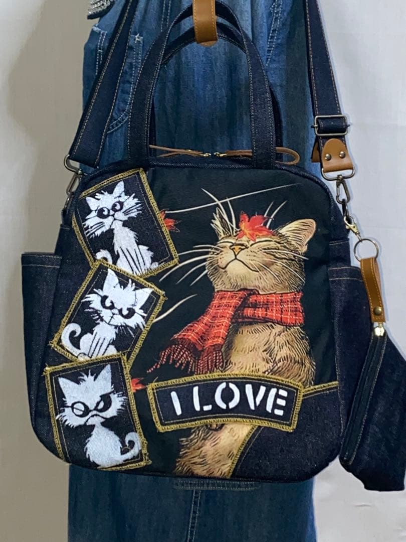 ☆岡山デニム☆ステンシル☆トラネコ☆☆4wayボストンバッグ