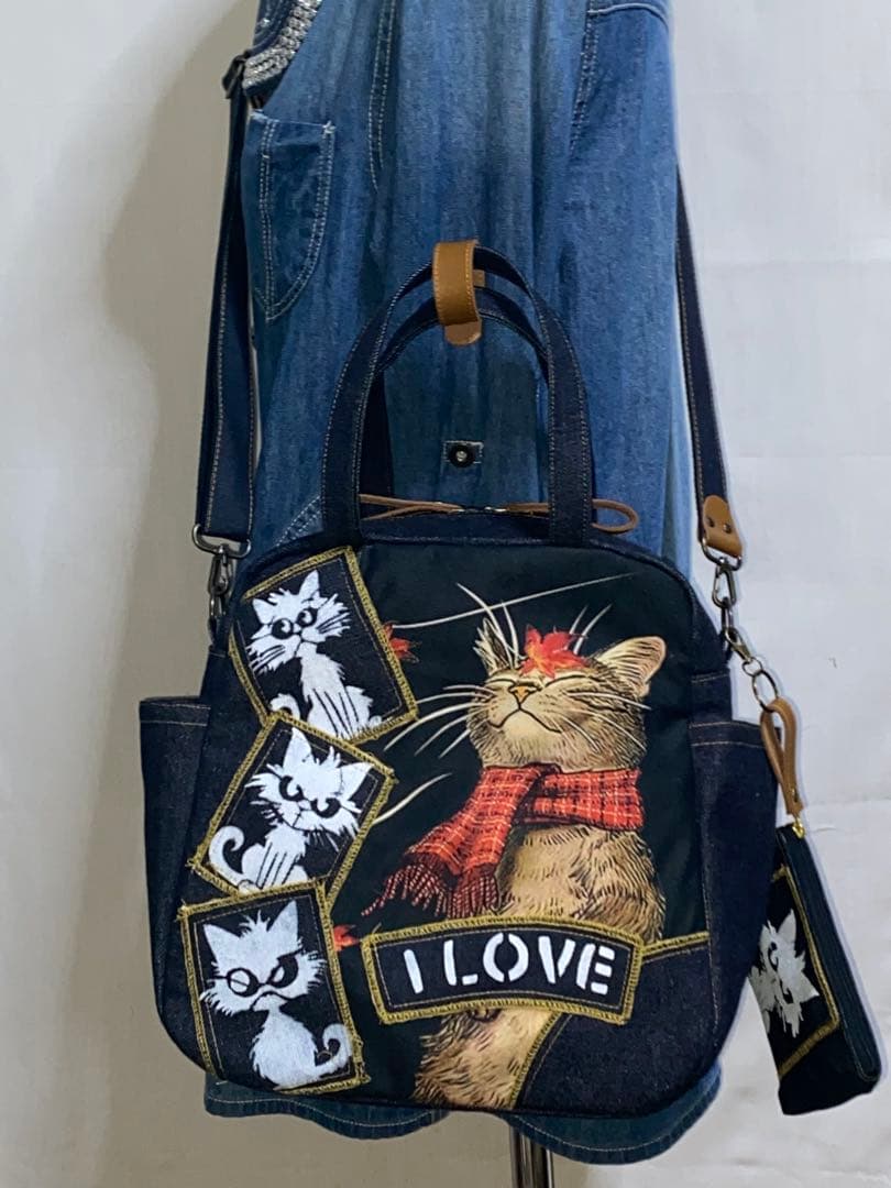 ☆岡山デニム☆ステンシル☆トラネコ☆☆4wayボストンバッグ