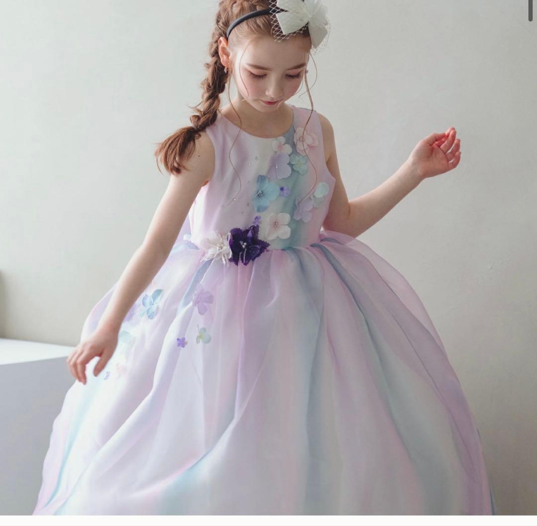 ドレスコグラデーションパープルオーガンジードレスフラワーリボン美品発表会