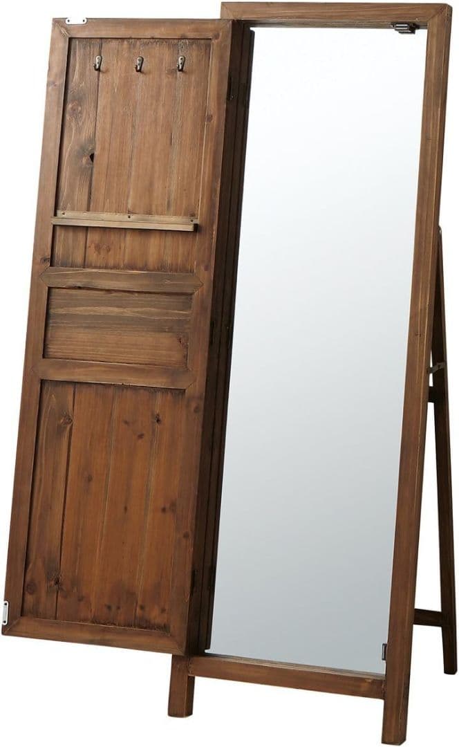 木製スタンドミラー フック付きブラウン