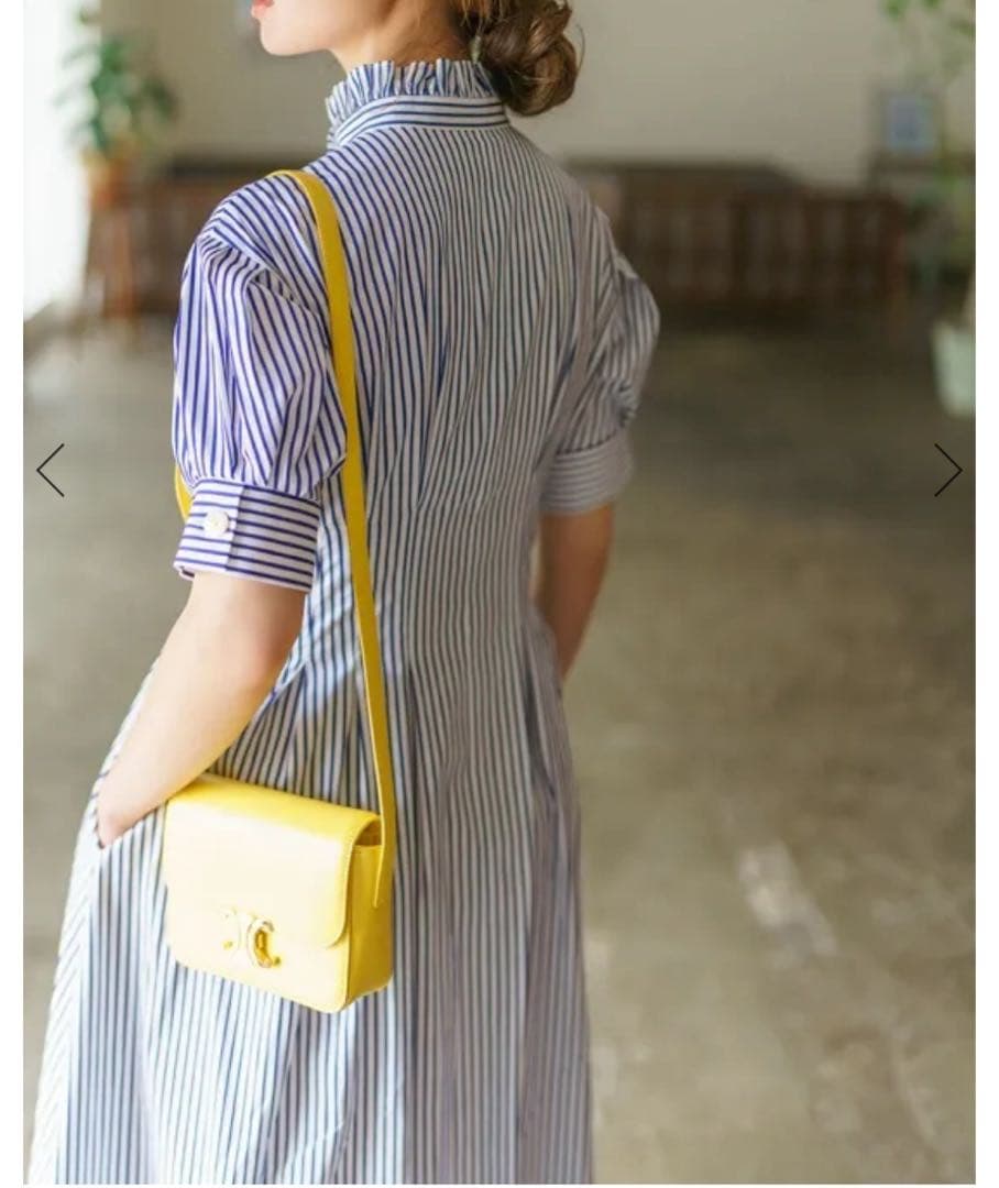 SEVENTEN スタンドカラーストライプワンピース S ネイビー セブンテン