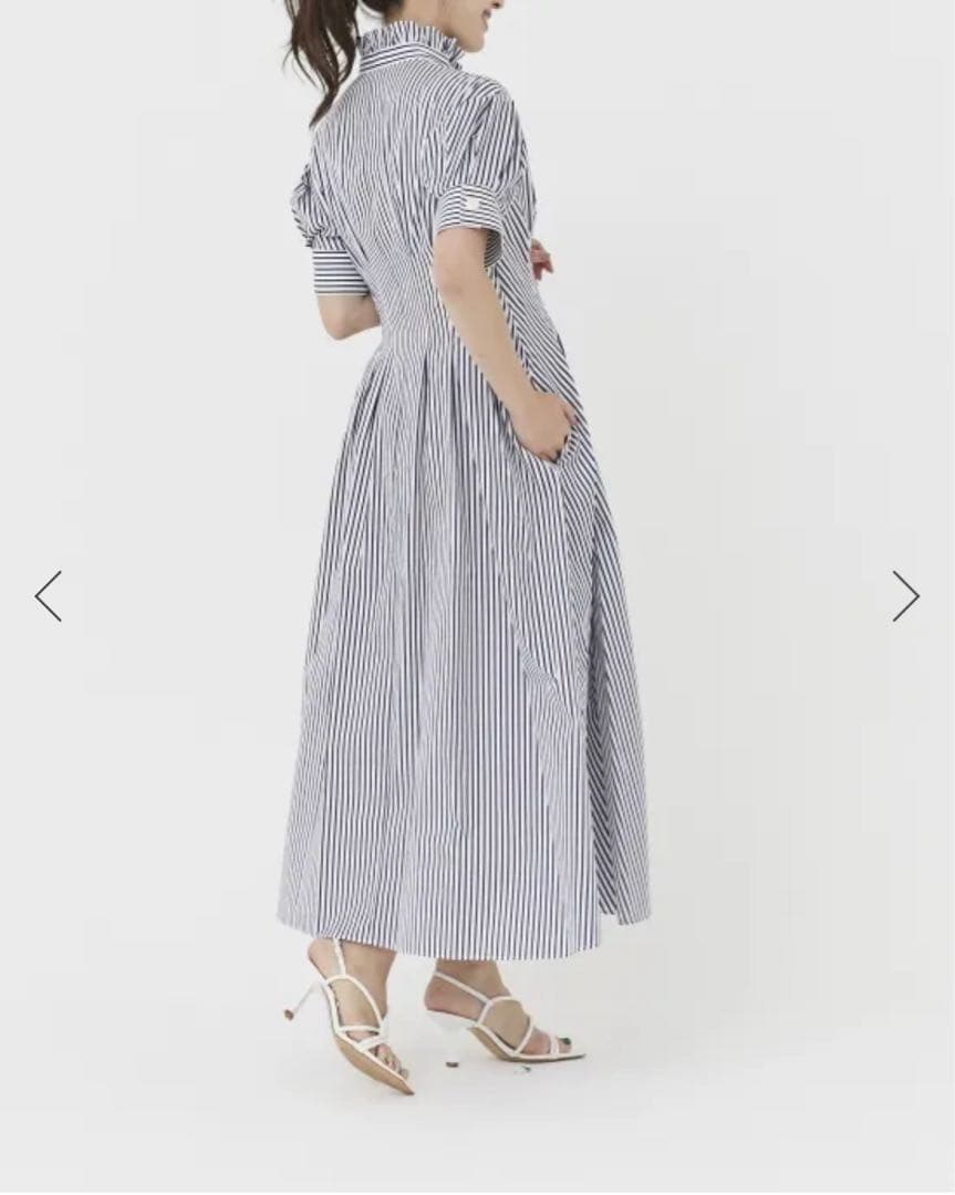 SEVENTEN スタンドカラーストライプワンピース S ネイビー セブンテン