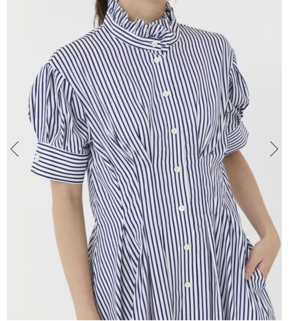 SEVENTEN スタンドカラーストライプワンピース S ネイビー セブンテン