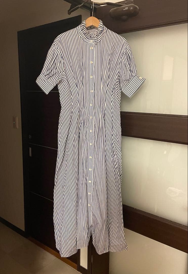 SEVENTEN スタンドカラーストライプワンピース S ネイビー セブンテン