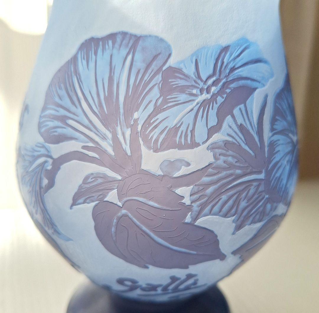 【エミール・ガレ】美品・花柄エッチングガラス花瓶 青アンティーク