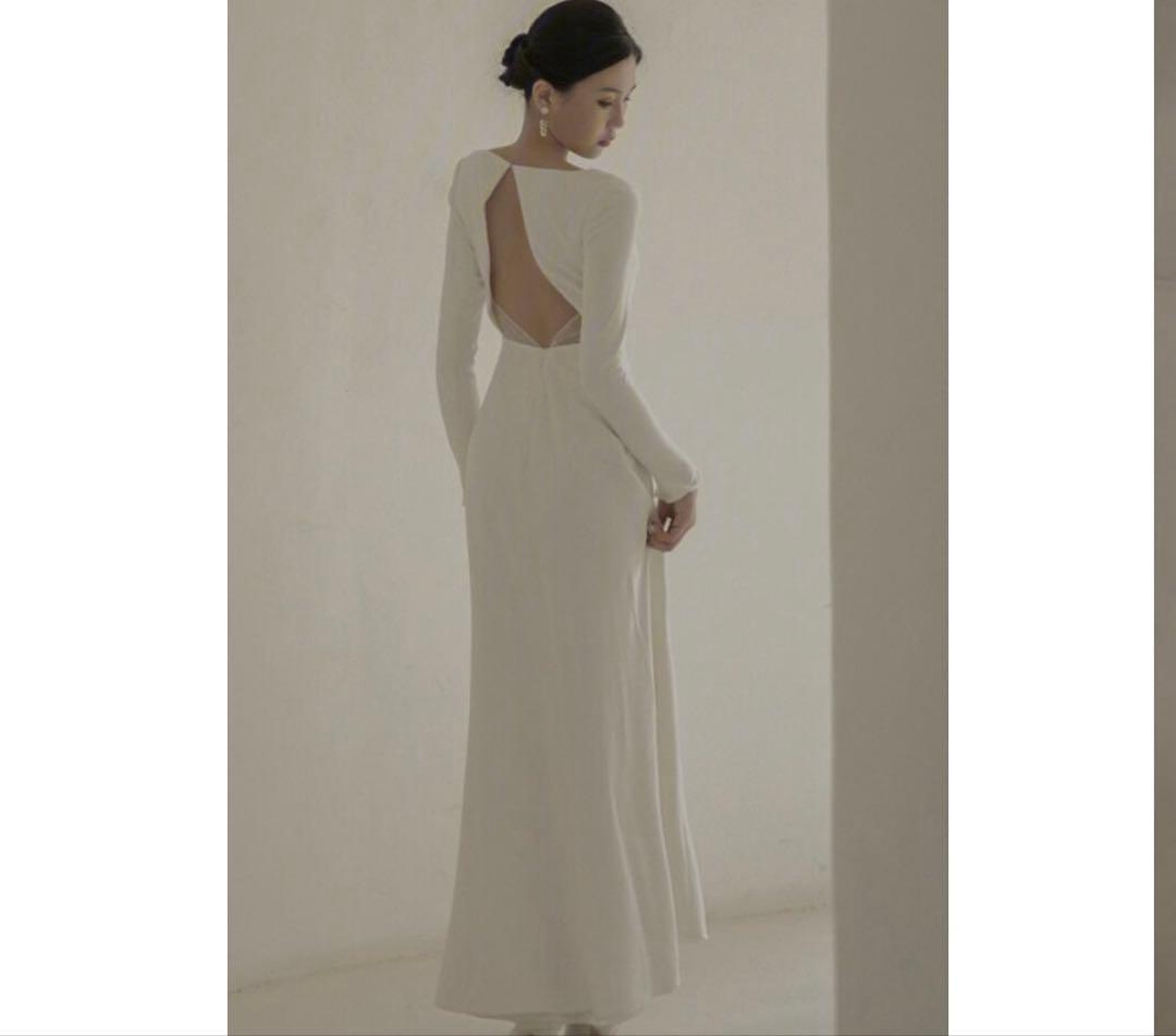 ⭐︎ベール付き　バックオープン ロングドレス ホワイト 韓国ドレス　長袖　前撮り