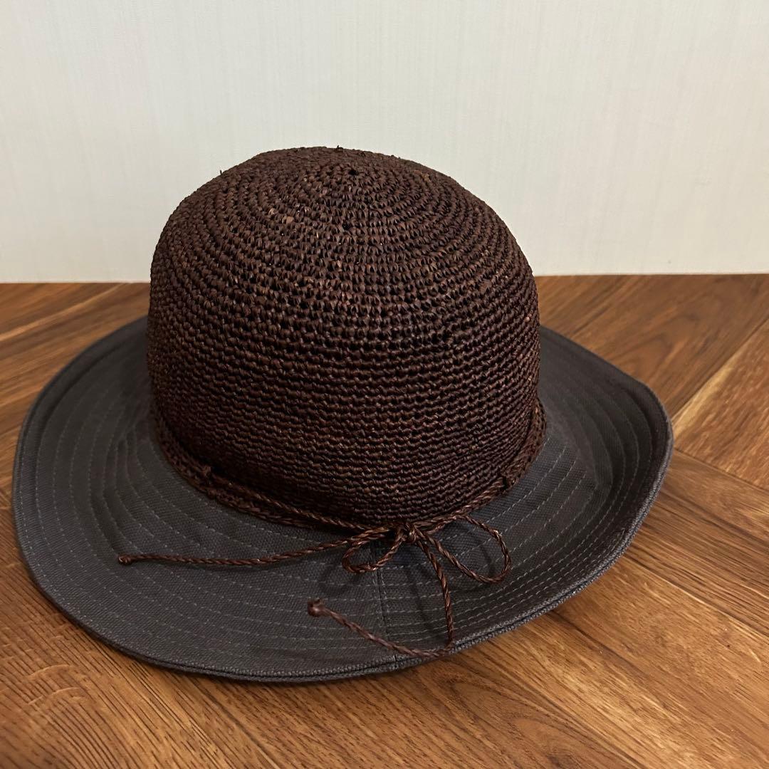 ヘレンカミンスキー ラフィアハット 麦わら帽子　ブラウン コットン 異素材コンビ