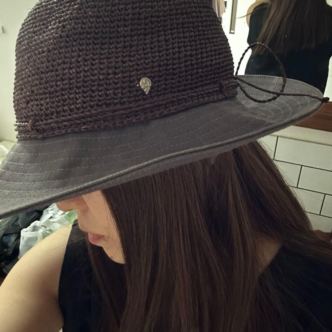 ヘレンカミンスキー ラフィアハット 麦わら帽子　ブラウン コットン 異素材コンビ