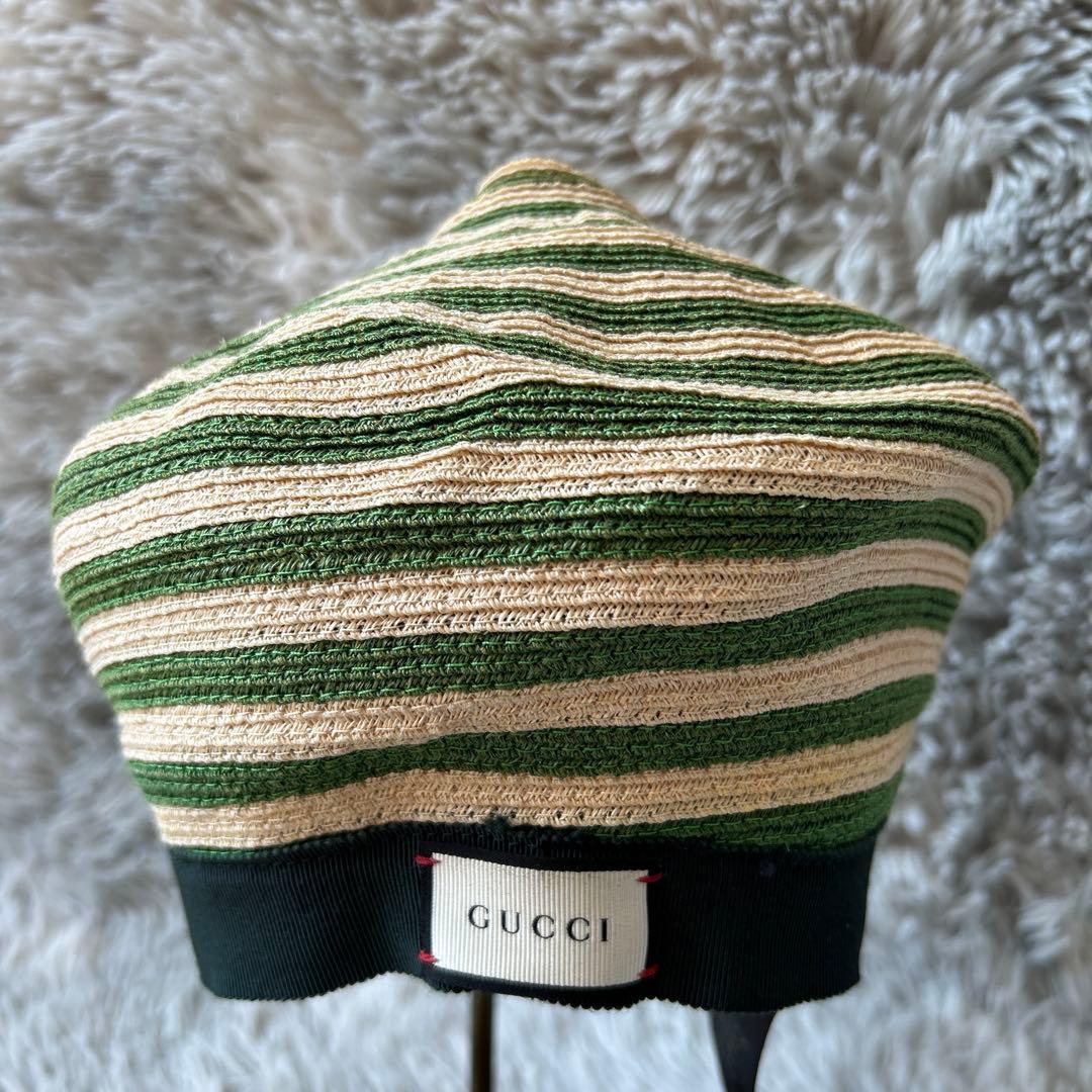 【美品】GUCCI アレッサンドロミケーレ ヘンプ ベレー帽 グリーンストライプ
