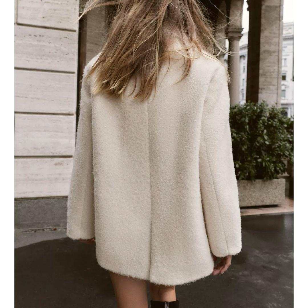 新品タグ付き ZARA ブークレダブルブレストミディ丈コート M