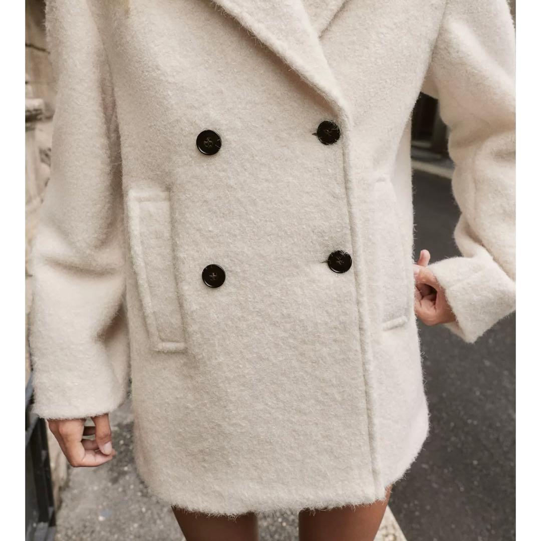 新品タグ付き ZARA ブークレダブルブレストミディ丈コート M