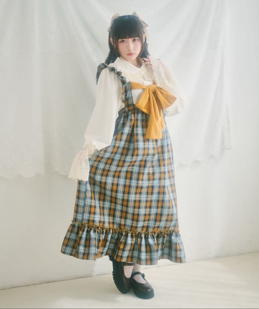 クティール フリルリボンハーネス ２WAYベロアリボンチェックジャンパースカート