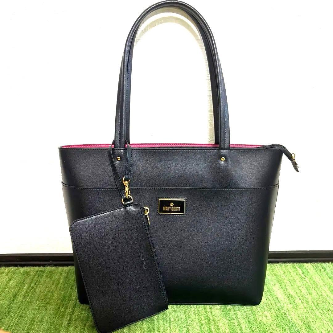 【送料込】MARYQUANTポーチ付トートバッグA4収納可通勤ビジネス黒×ピンク
