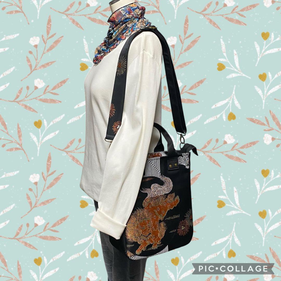 389 帯リメイク　唐獅子の縦型リュック　3wayバッグ