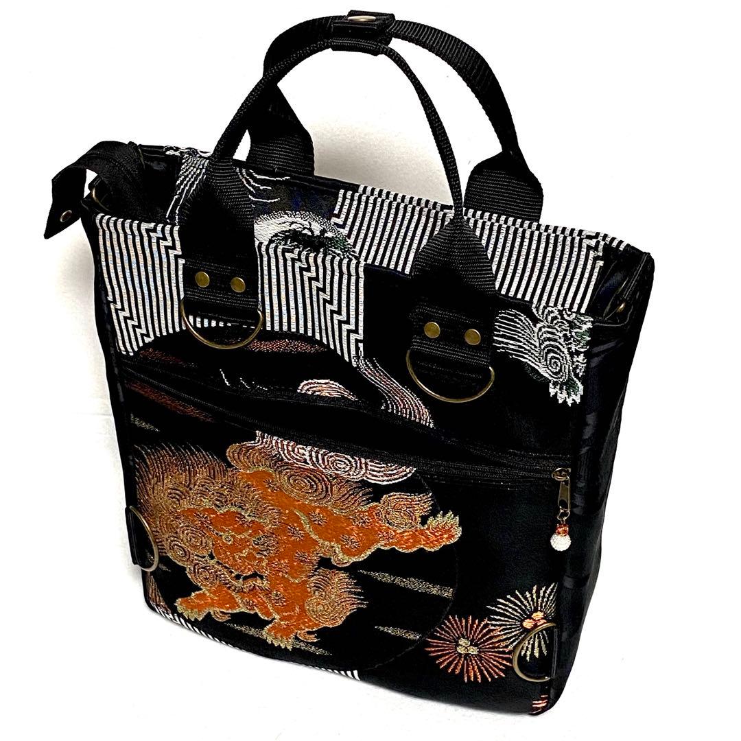 389 帯リメイク　唐獅子の縦型リュック　3wayバッグ