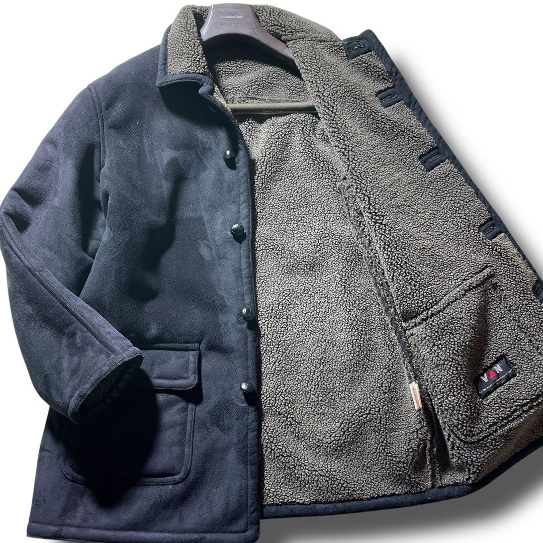 美品■ヴァンヂャケット　ランチコート　スウェード　ボア　くるみボタン　黒　L