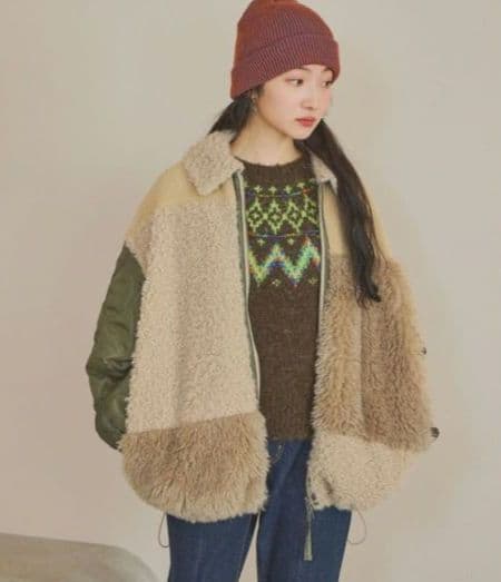 【新品】ニコアンド☆パッチワークボアブルゾン　ベージュ　 F