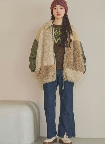 【新品】ニコアンド☆パッチワークボアブルゾン　ベージュ　 F