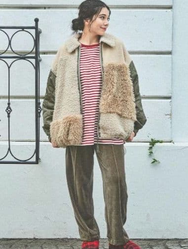 【新品】ニコアンド☆パッチワークボアブルゾン　ベージュ　 F