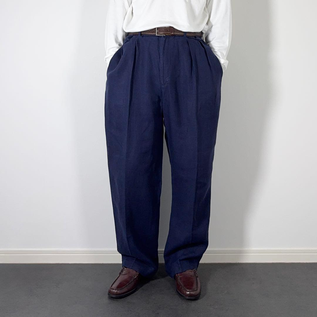 RalphLauren LINEN 2タックスラックス ネイビーW36L30古着