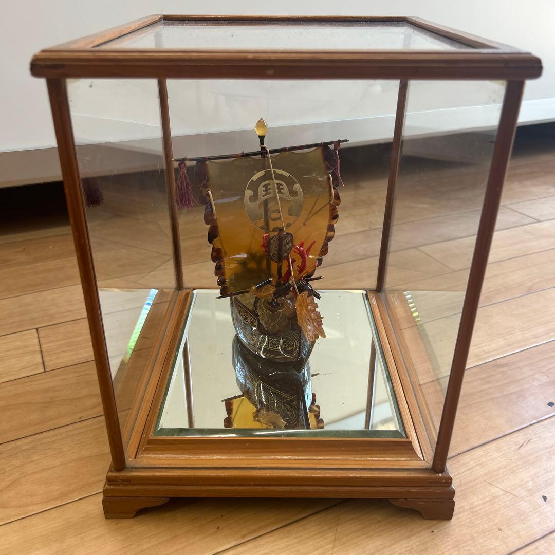 本鼈甲　べっ甲　鳳凰宝船　置物　赤珊瑚