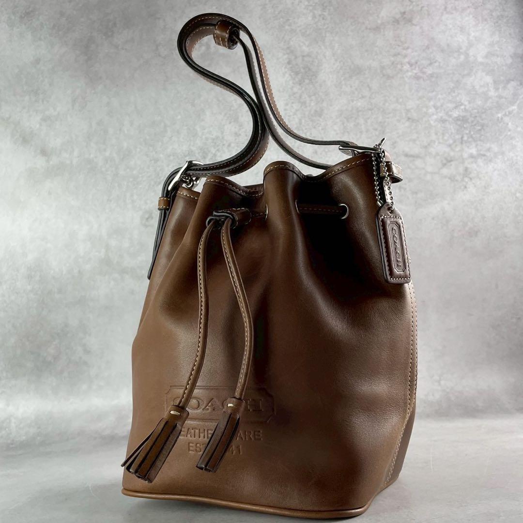 良品✨レア オールドコーチ 巾着型 ショルダーバッグ オールレザー ロゴ型押し