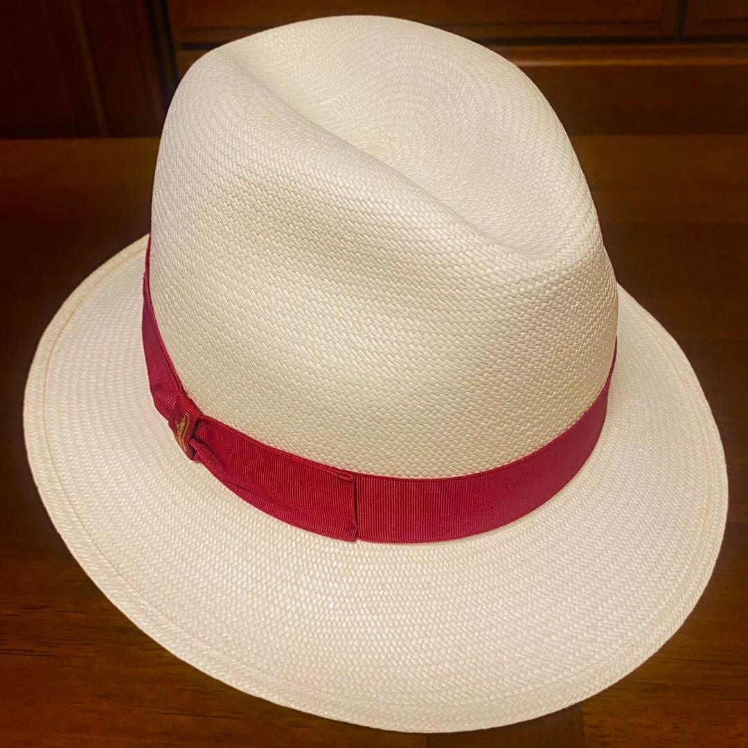 【新品 定価4万円台】ボルサリーノ★高級パナマハット★赤リボン★M/実寸58cm
