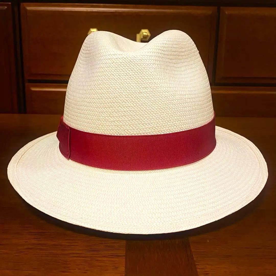 【新品 定価4万円台】ボルサリーノ★高級パナマハット★赤リボン★M/実寸58cm