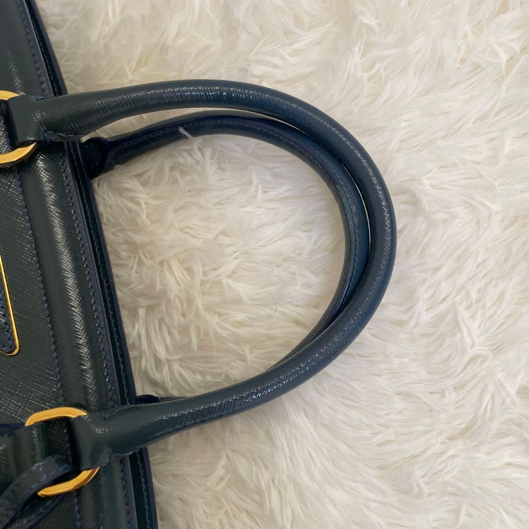 極美品 PRADA ガレリア サフィアーノ ハンドバッグ ブルー 三角ロゴ