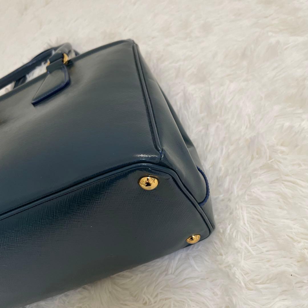 極美品 PRADA ガレリア サフィアーノ ハンドバッグ ブルー 三角ロゴ