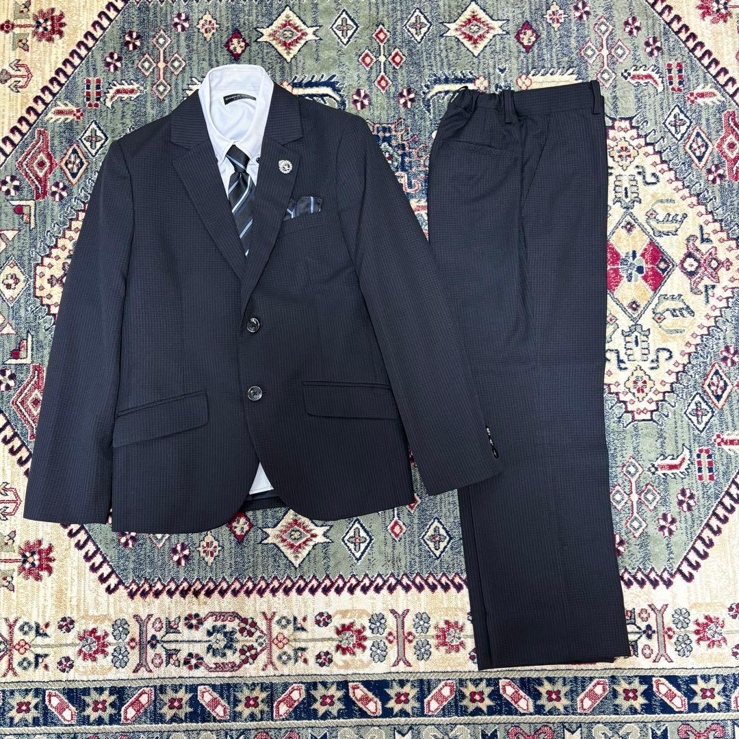 【美品】キッズフォーマル スーツ 150 卒業式 男の子 ネイビー チェック