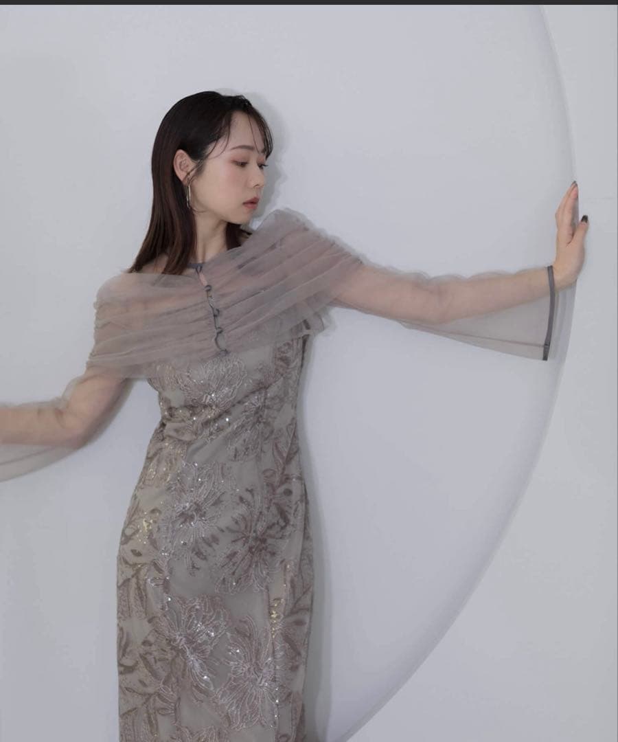 【LEJA】チュールオフショルダー花柄Iラインドレスワンピース 2点セット